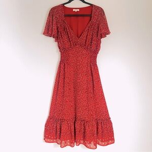 Max Studio Ditsy Floral Red Flowy Sleeve Dress Knee Length